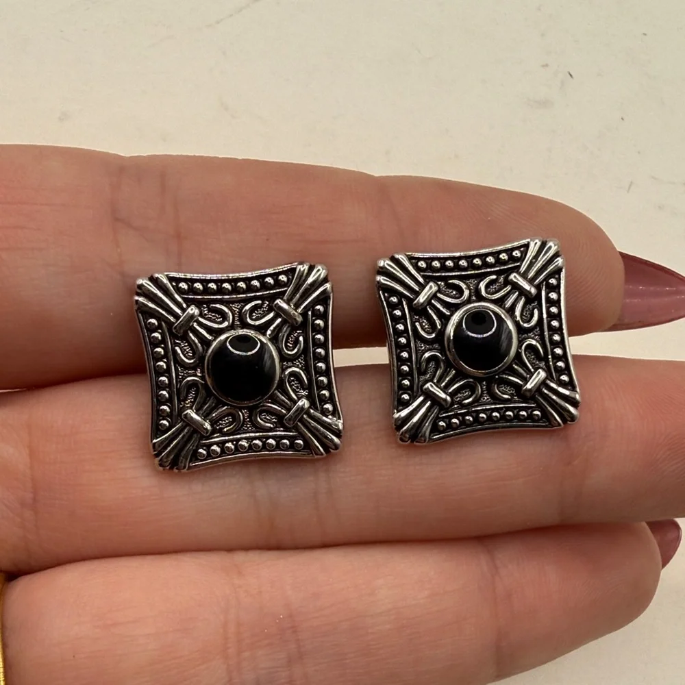 Vintage Silver Tone Black Onyx Style Square Cufflinks Cuff Links Ornate Mens